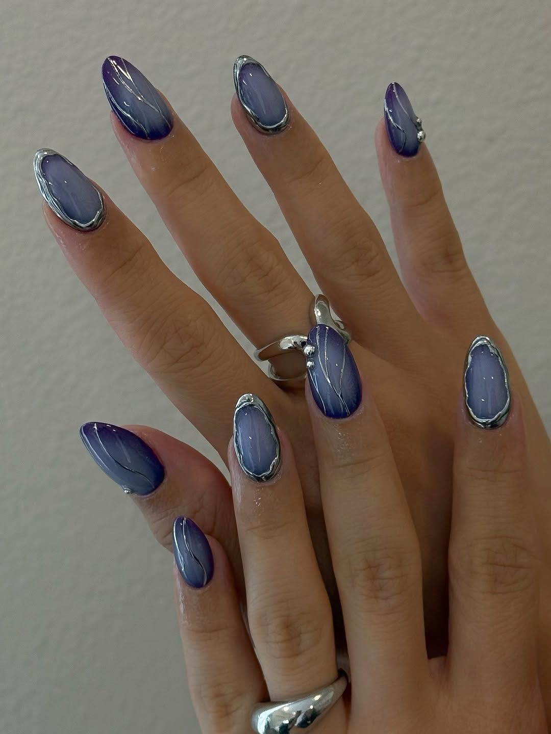 Deep Blue with Silver Chrome Border Almond Nails — Icy Blue Nails