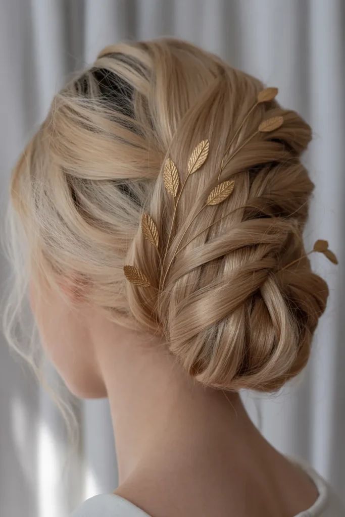 Ash Blonde Twisted Updo With Gold Accessory — Winter Formal Hairstyles