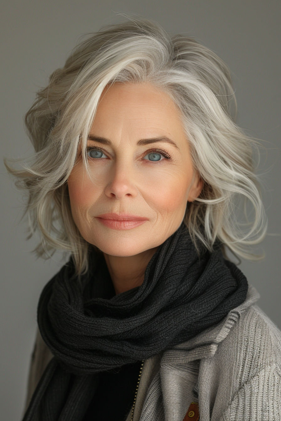 Natural Grey and Blonde Highlights Bob — Winter Hair Colors for Women Over 60