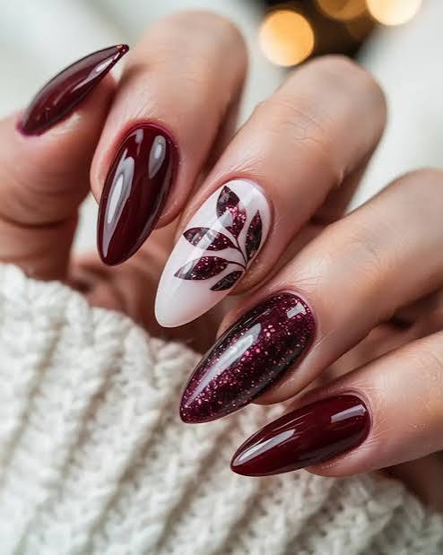 Burgundy White Glitter Leaf Almond Nails Burgundy White Glitter Leaf Almond Nails — Medium Length Winter Nails