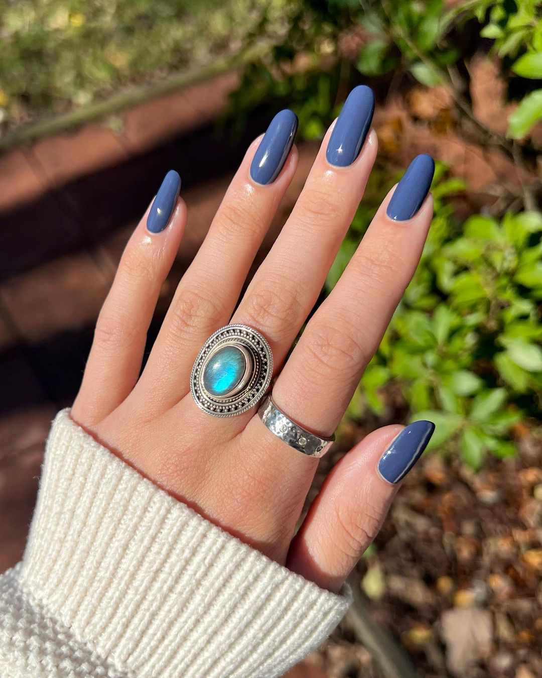 Deep Slate Blue Glossy Almonds Deep Slate Blue Glossy Almonds — Winter Acrylic Nail Colors