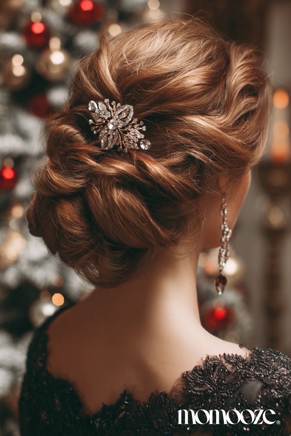 Elegant Red-Brown Updo with Sparkling Brooch — Winter Party Hairstyles