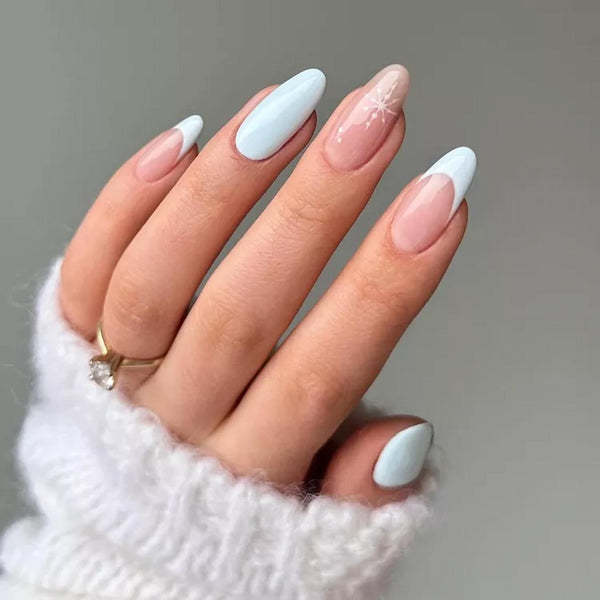 Pale Blue Snowflake French Tip Almonds Pale Blue Snowflake French Tip Almonds — Winter French Tip Nails