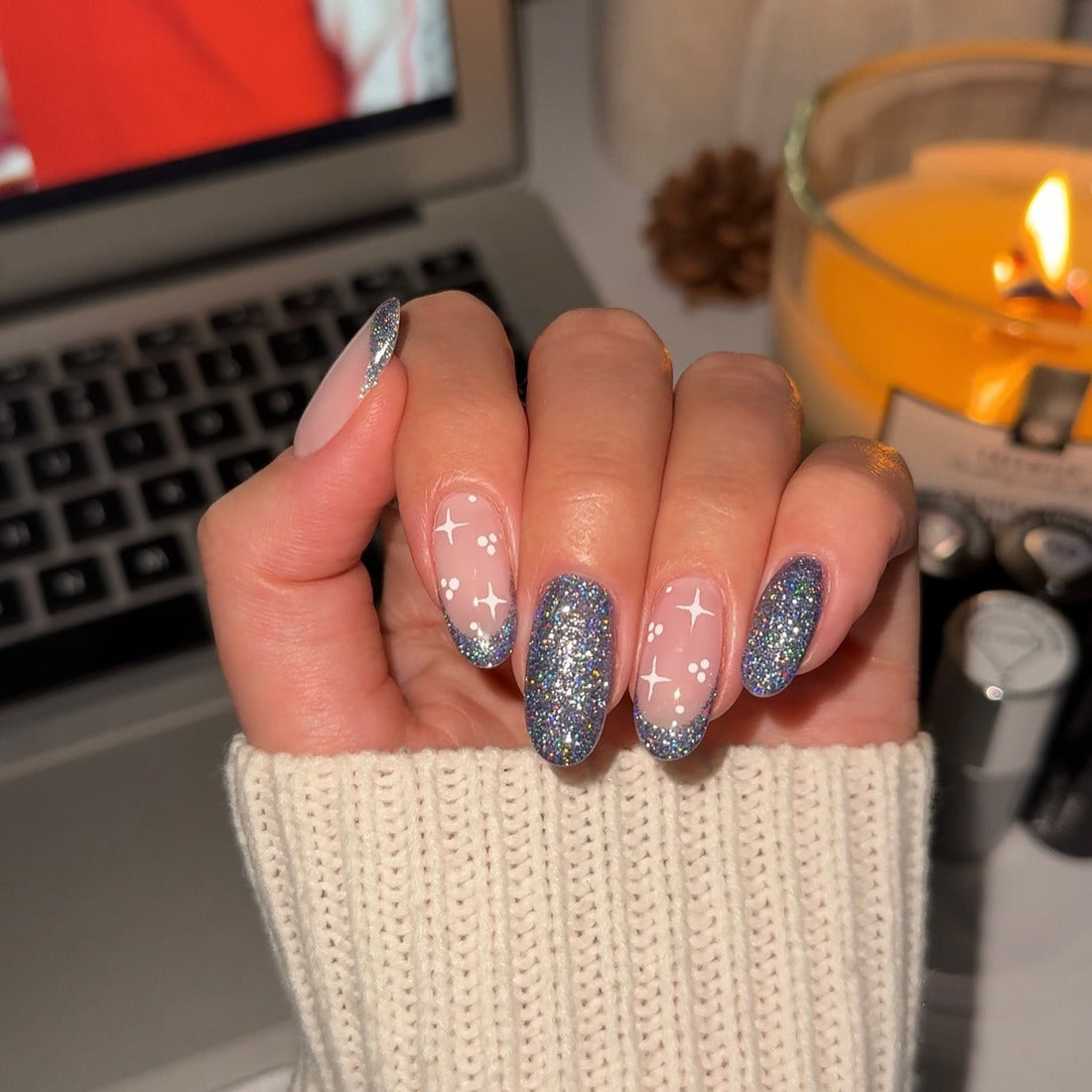 Silver Glitter Almond Nails With Constellations — Winter Almond Nails
