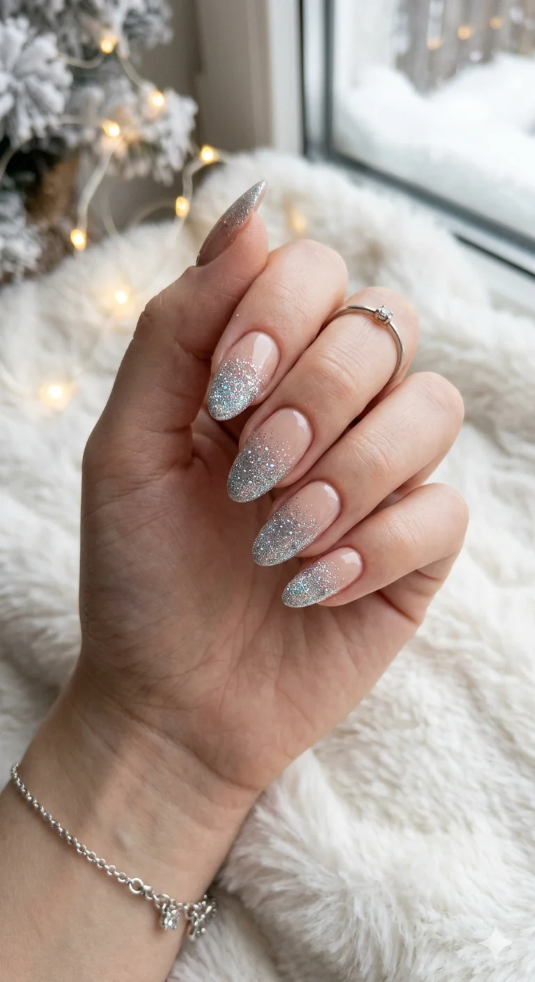 Subtle Silver Glitter French Almond Nails Subtle Silver Glitter French Almond Nails — Winter Glitter Nails