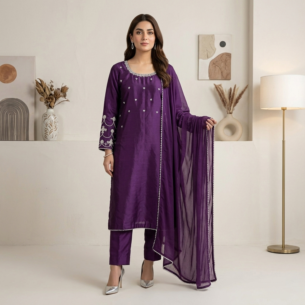 Festive Celebration Festive Royal Purple Silk Kurta Set with Silver Embroidery — Royal Purple Outfits