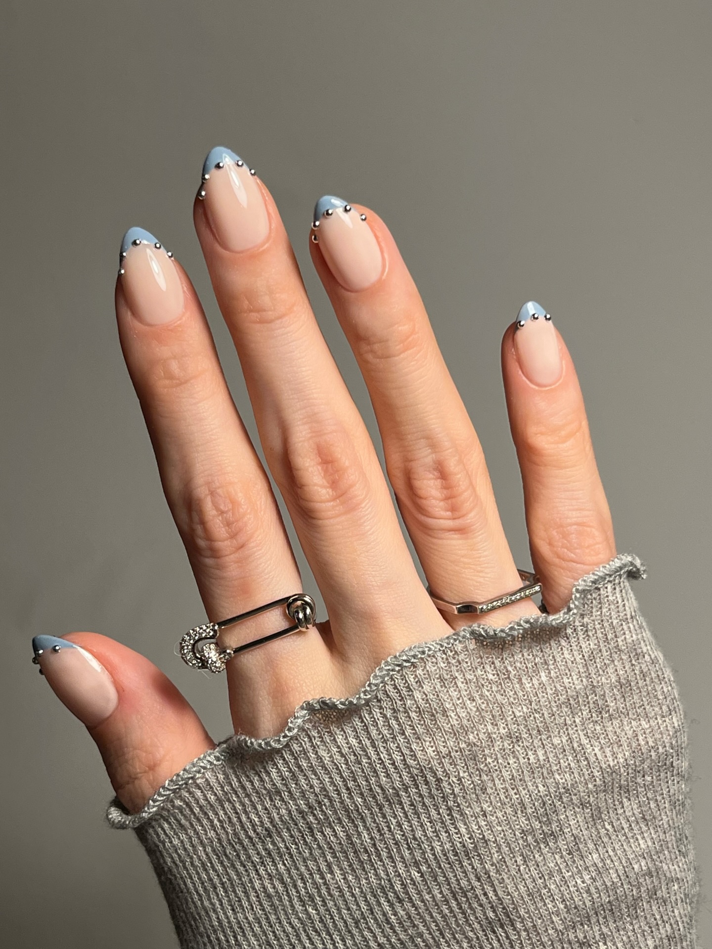 Light Blue French Tip Studded Almonds — Short Winter Almond Nails