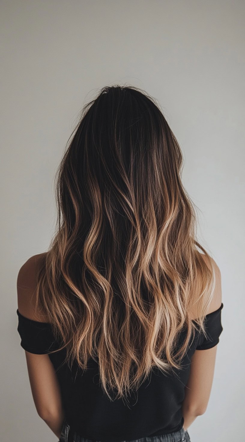 Back View Caramel Blonde Balayage on Dark Brown Hair Back View Caramel Blonde Balayage on Dark Brown Hair — Winter Balayage