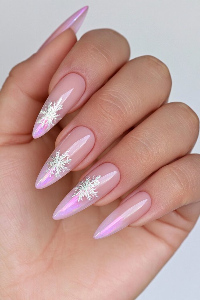Long Stiletto Iridescent Purple Snowflake Tips Long Stiletto Iridescent Purple Snowflake Tips — Winter Purple Nails