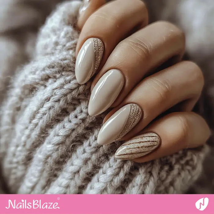 Beige Geometric Metallic Accent Nails Beige Geometric Metallic Accent Nails — Winter Nails
