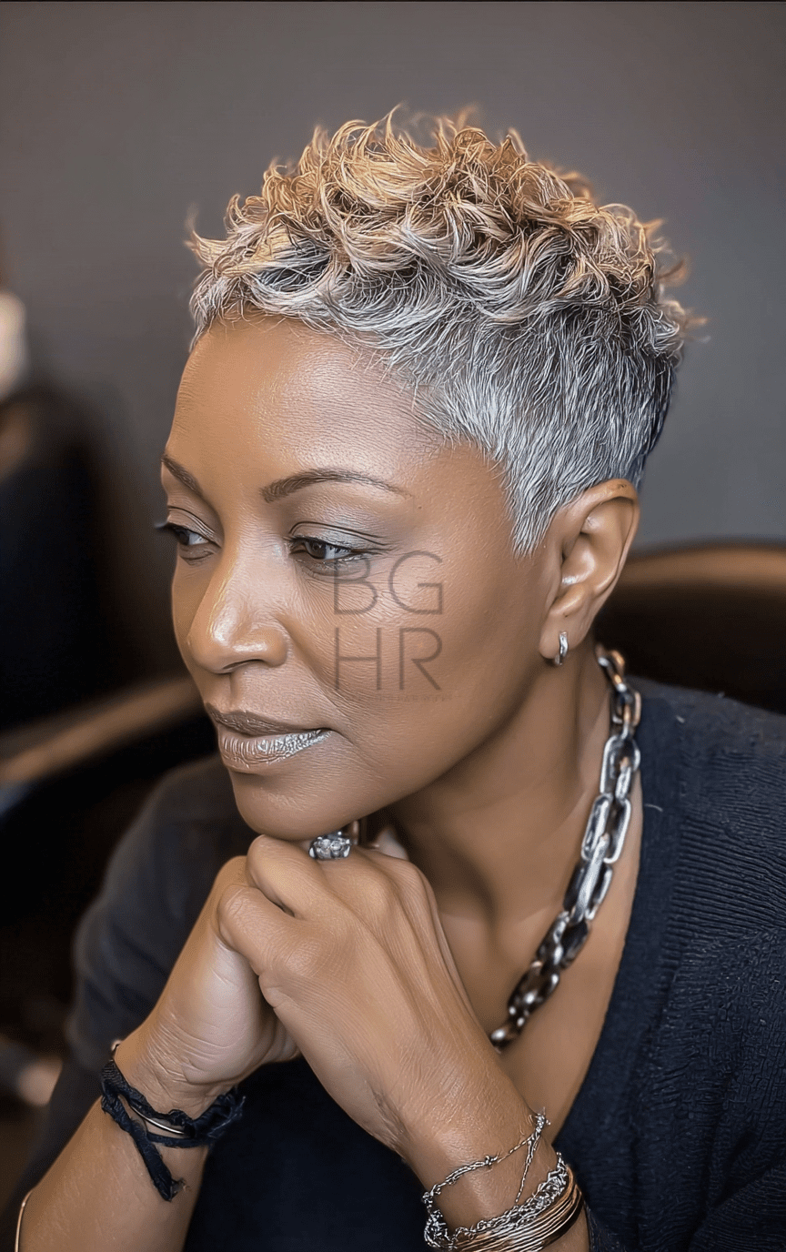 Striking Grey and Blonde Pixie — Winter Haircuts for Black Women