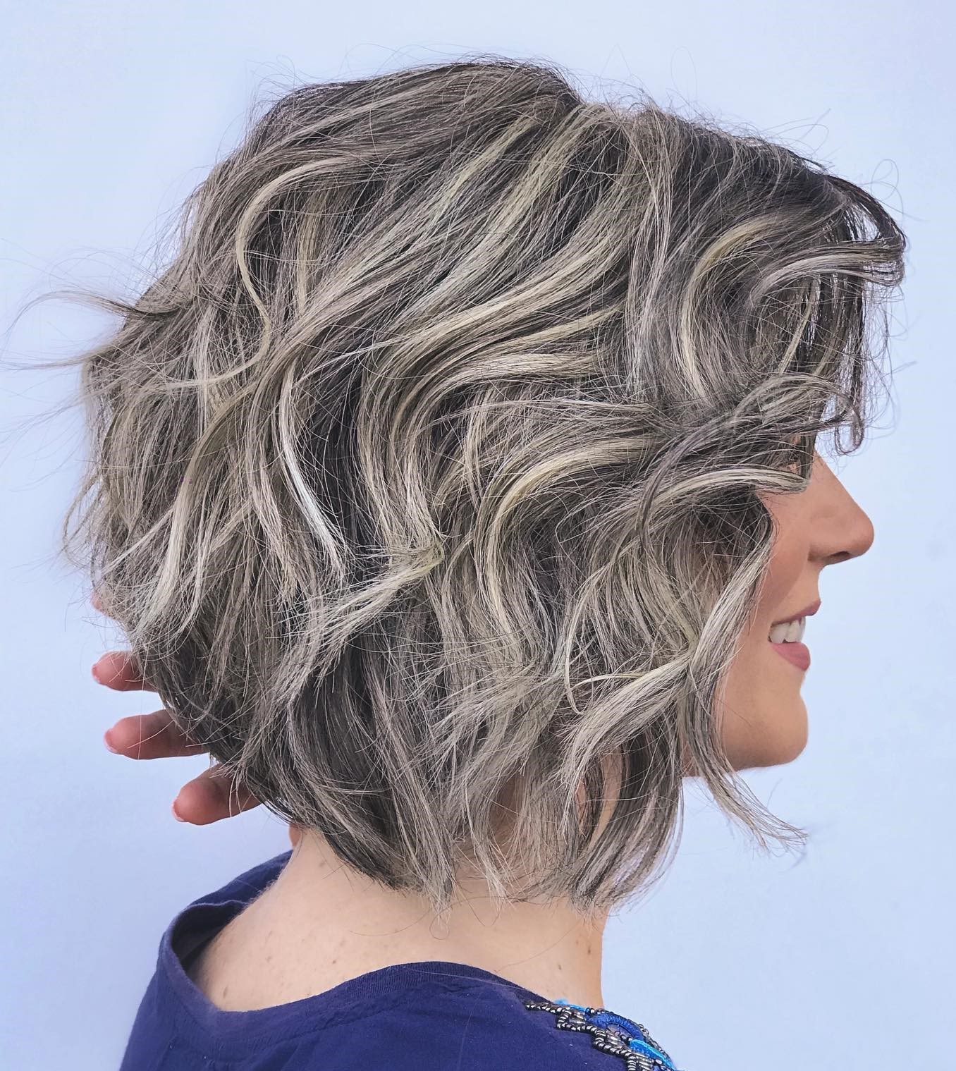 Chin Wavy Bob Side Swept Bangs — Gray Blending Highlights