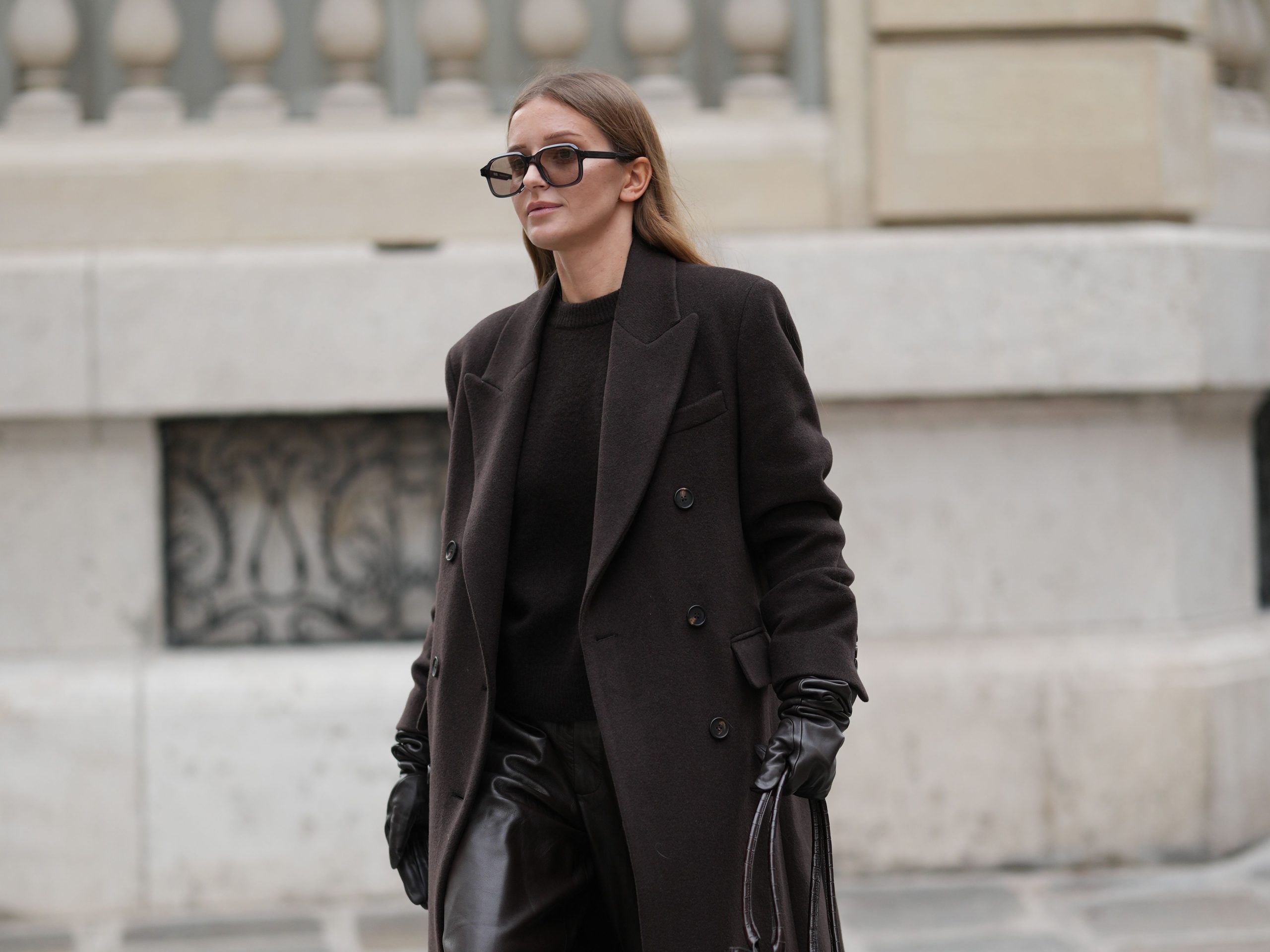 Monochromatic Dark Brown Peacoat with Leather Pants — Peacoat Outfits