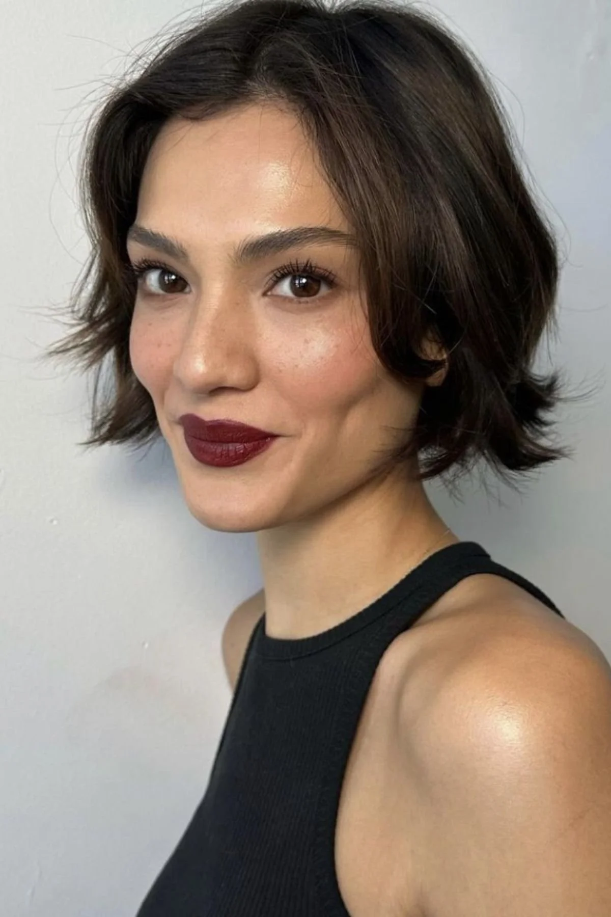 Dark Brown Bixie With Choppy Bangs Dark Brown Bixie With Choppy Bangs — Winter Haircuts for Square Faces