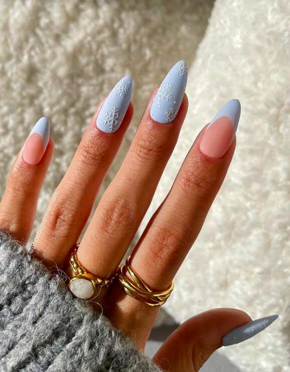 Long Almond Matte Blue Snowflakes Glossy Tips Long Almond Matte Blue Snowflakes Glossy Tips — Simple Winter Nails