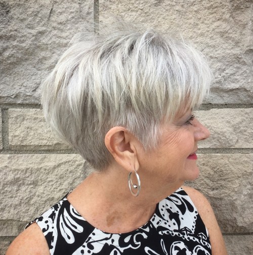 Silver Grey Pixie Bob with Wispy Bangs — Winter Haircuts for Women Over 60