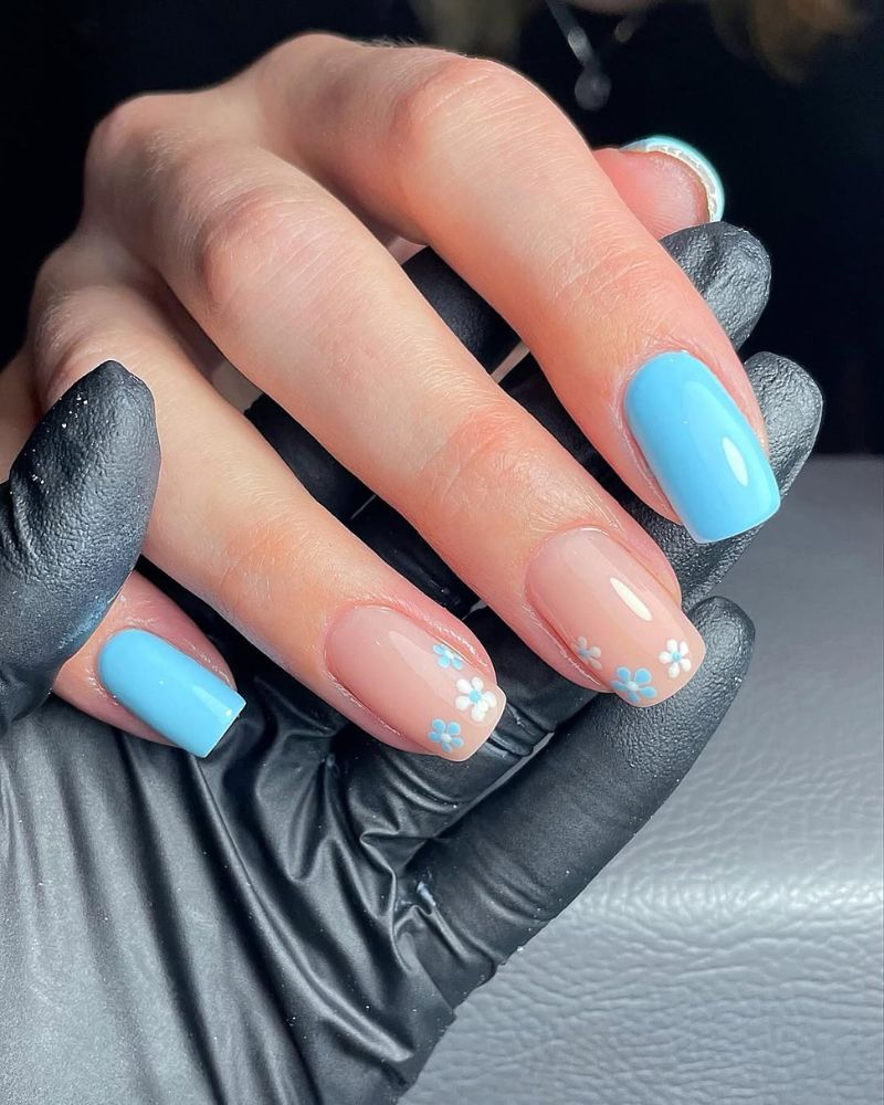 Light Blue Floral Cuticle Accent Light Blue Floral Cuticle Accent — Winter to Spring Transition Nails