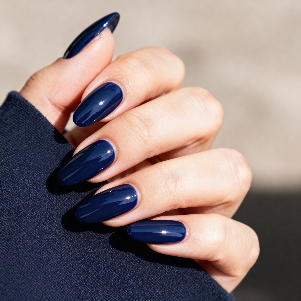 Glossy Navy Blue Almond Nails Glossy Navy Blue Almond Nails — Winter Dip Powder Nails