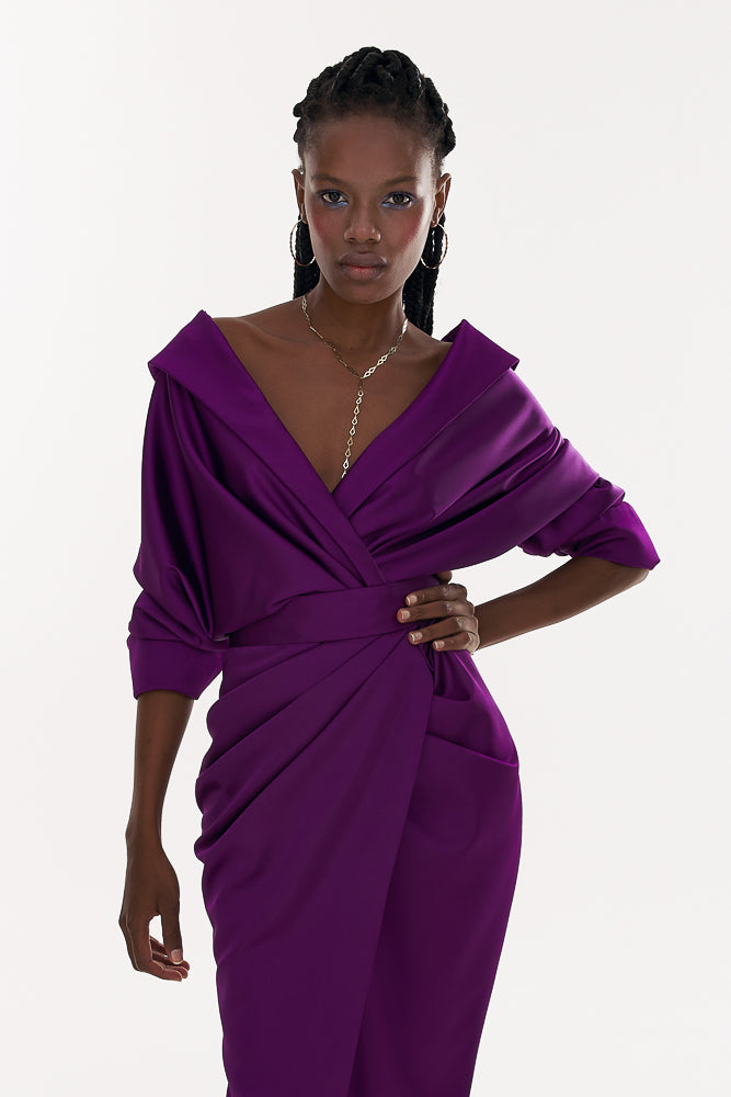Elegant Off-the-Shoulder Royal Purple Satin Midi Dress — Royal Purple Outfits