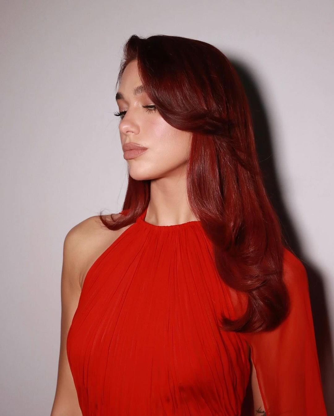 Glossy Deep Red Chest Length — Winter Red Hair Colors