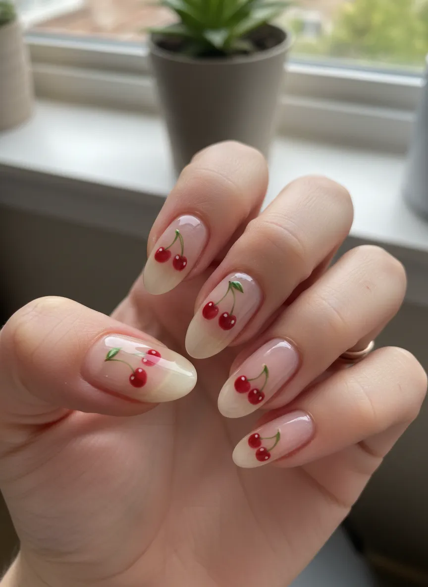 Realistic Cherry Motif Almond Nails Realistic Cherry Motif Almond Nails — Cherry Red Nails