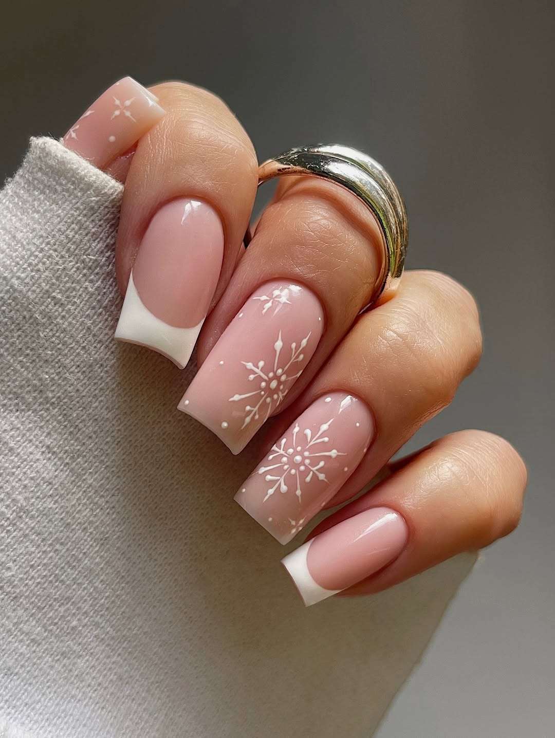 Pale Pink French Tips with Snowflakes Pale Pink French Tips with Snowflakes — Pastel Winter Nails