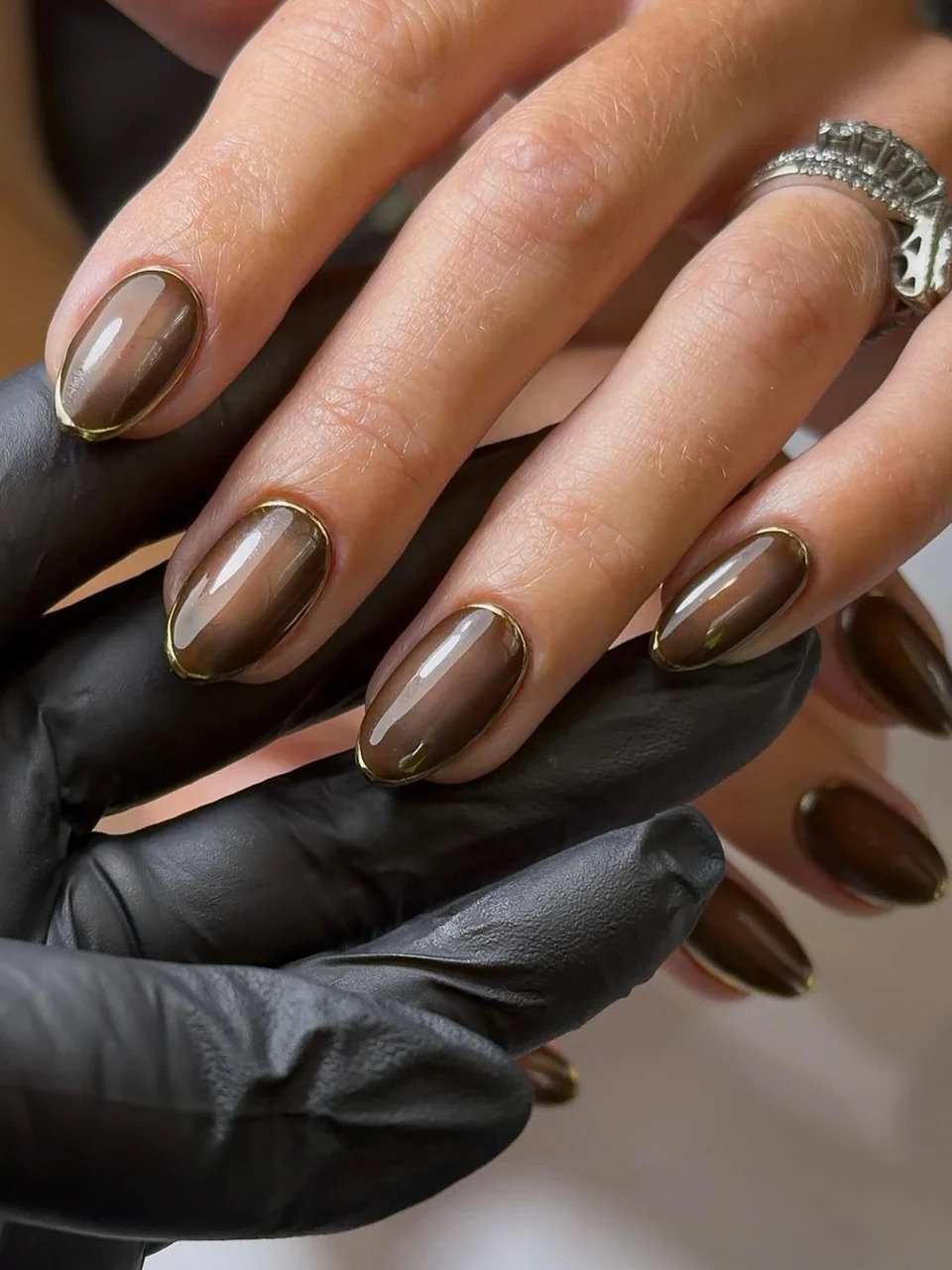 Warm Brown Jelly with Gold Cuticle Detail Warm Brown Jelly with Gold Cuticle Detail — Fall to Winter Nails