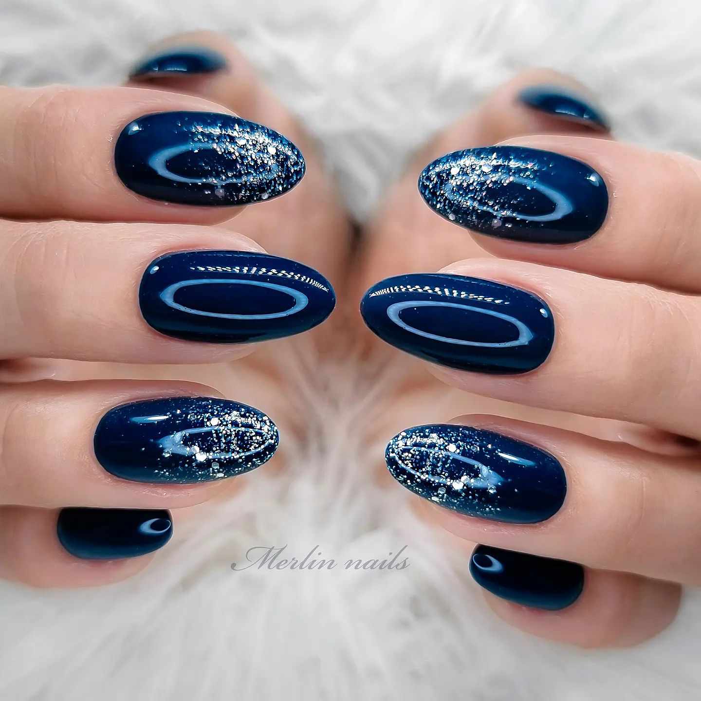 Navy Swirls with Silver Glitter — Dark Winter Nails