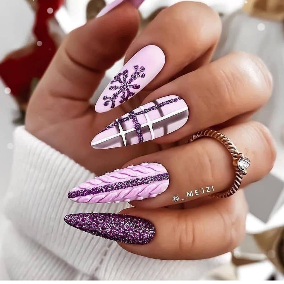Light Pink Purple Glitter Plaid Cable Nails Light Pink Purple Glitter Plaid Cable Nails — Winter Nails