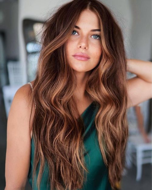 Mid-Back Warm Brown With Honey Blonde Balayage — Winter Hair Colors for Olive Skin