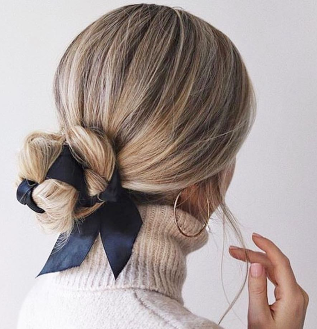 Honey Blonde Low Bun with Ribbon — Winter Bun Hairstyles
