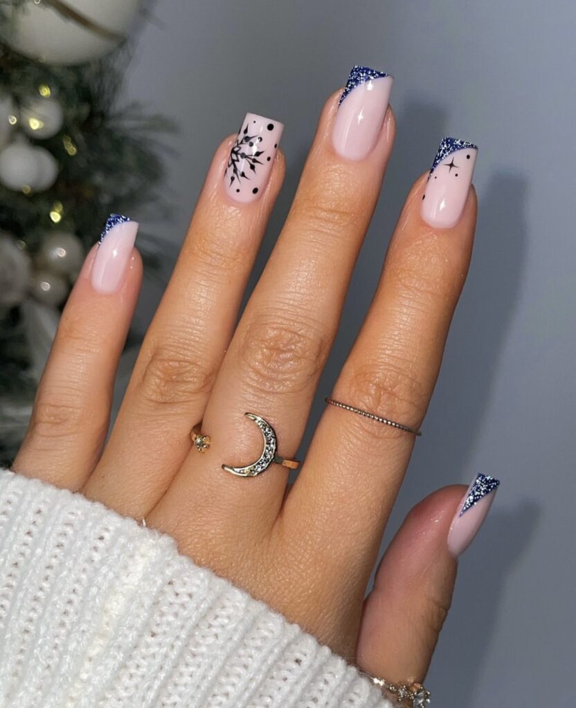 Short Square Pink Glitter French Snowflake Short Square Pink Glitter French Snowflake — Simple Winter Nails