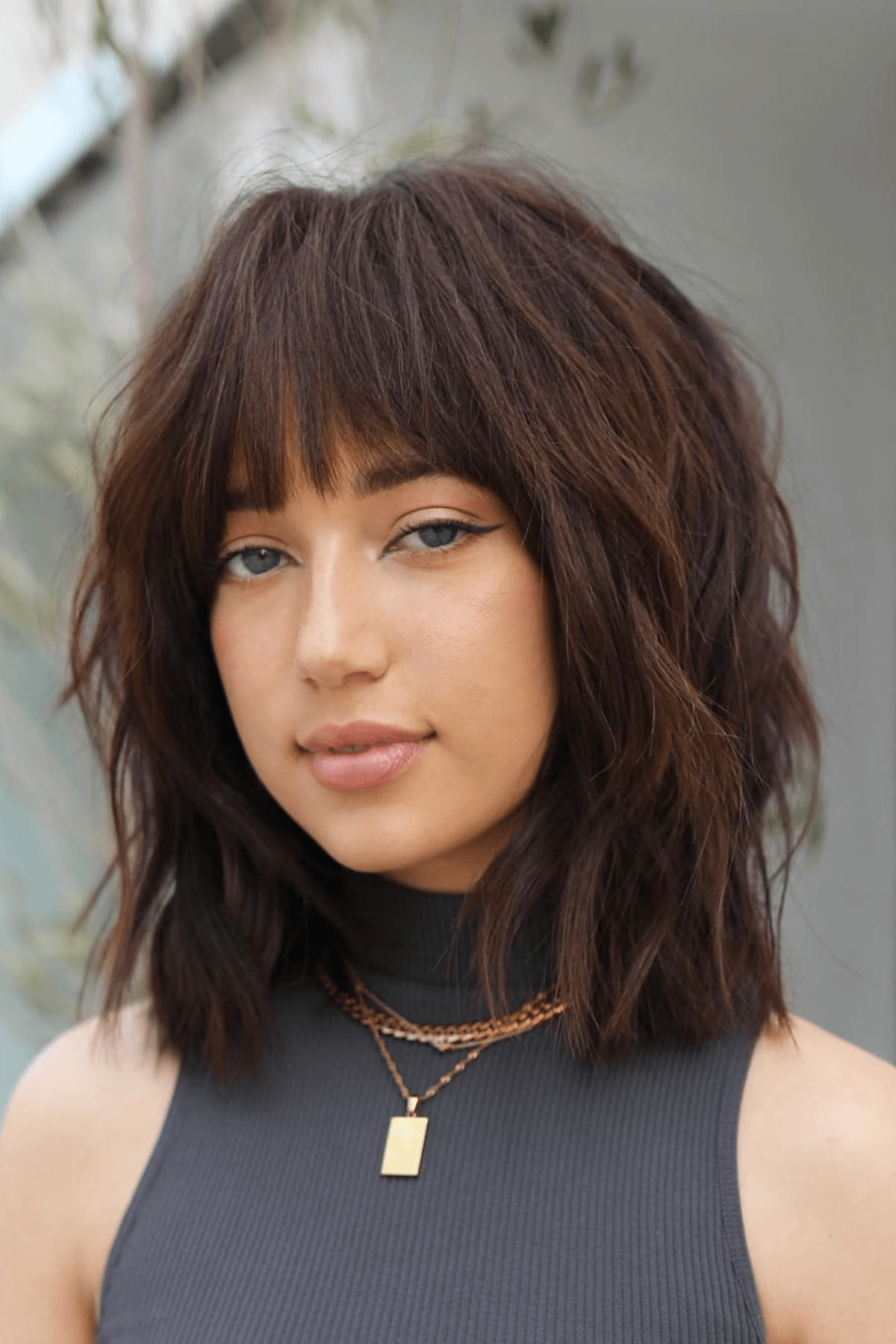 Dark Brown Shoulder Shag With Full Bangs — Winter Shag Haircuts