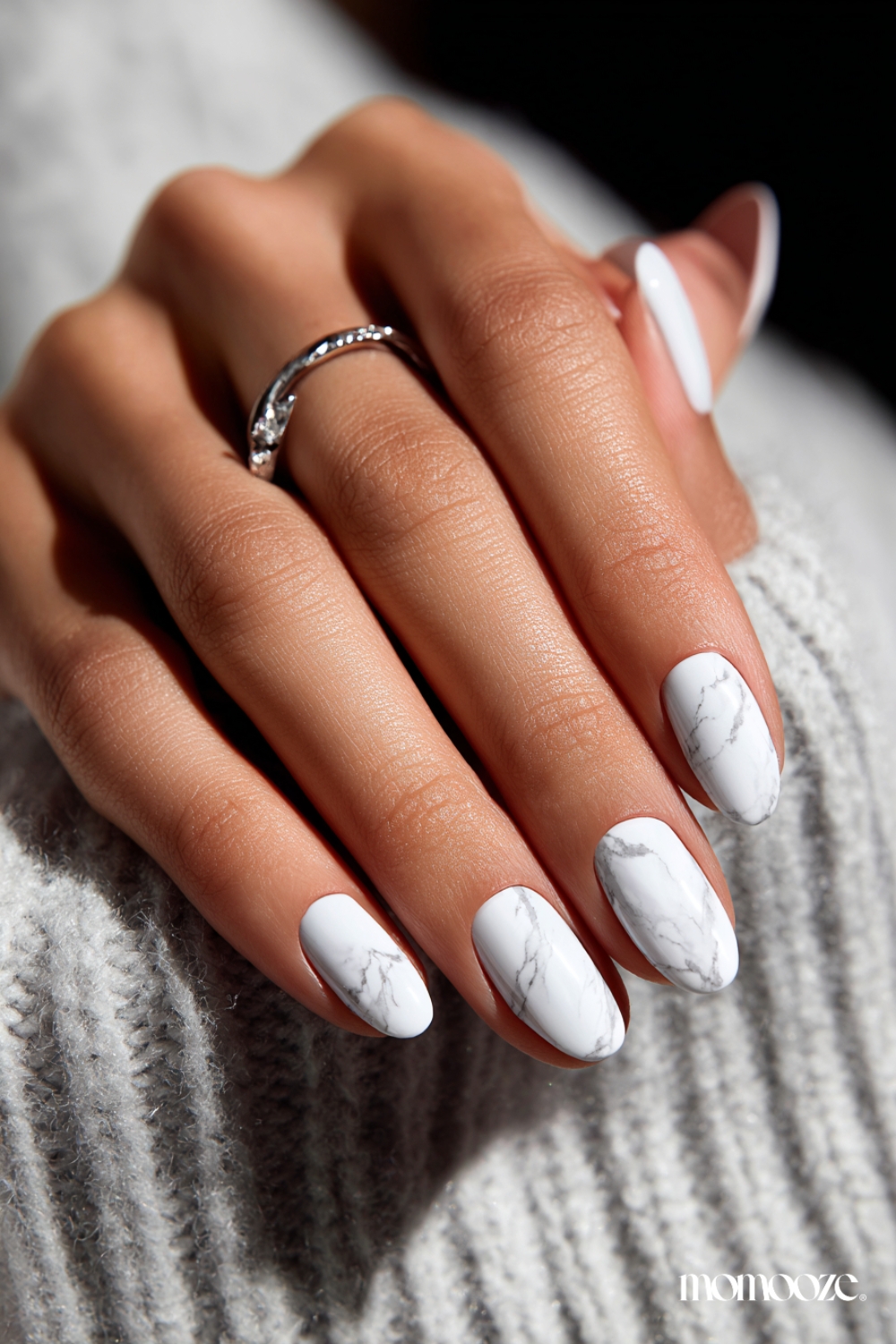 Cozy Matte White Marble Oval Nails — Winter Marble Nails