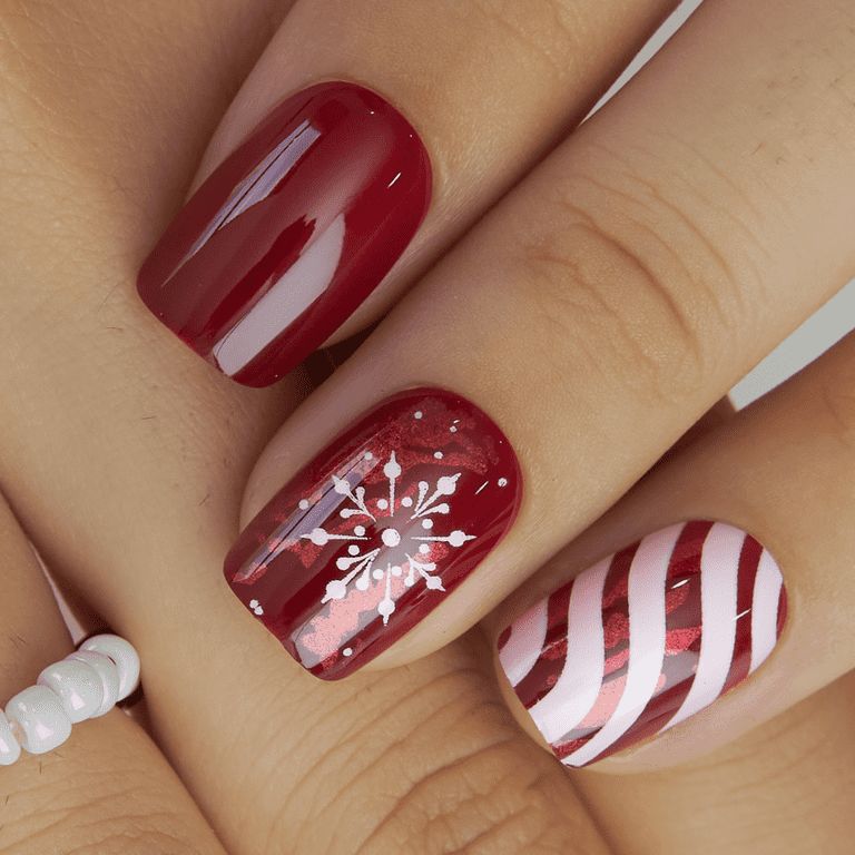 Vibrant Red Snowflake Candy Cane Squovals Vibrant Red Snowflake Candy Cane Squovals — Winter Squoval Nails