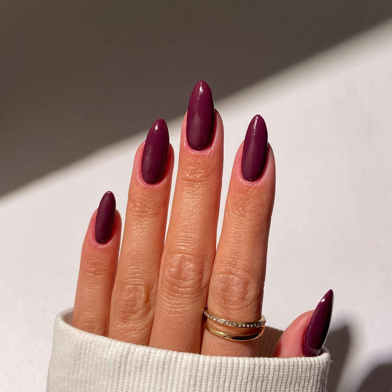 Sophisticated Deep Plum Burgundy Matte Pointed Oval Nails — Burgundy Nails