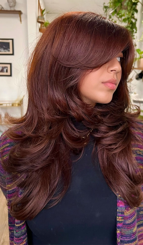 Mahogany Lob With Voluminous Waves — Winter Hair Colors for Women Over 40
