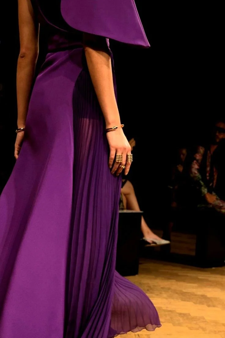 Editorial Royal Purple Draped Dress with Pleated Chiffon Panel — Royal Purple Outfits