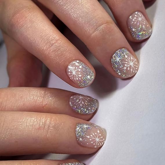 Nude Snowflake Silver Glitter Nude Snowflake Silver Glitter — Short Winter Acrylic Nails