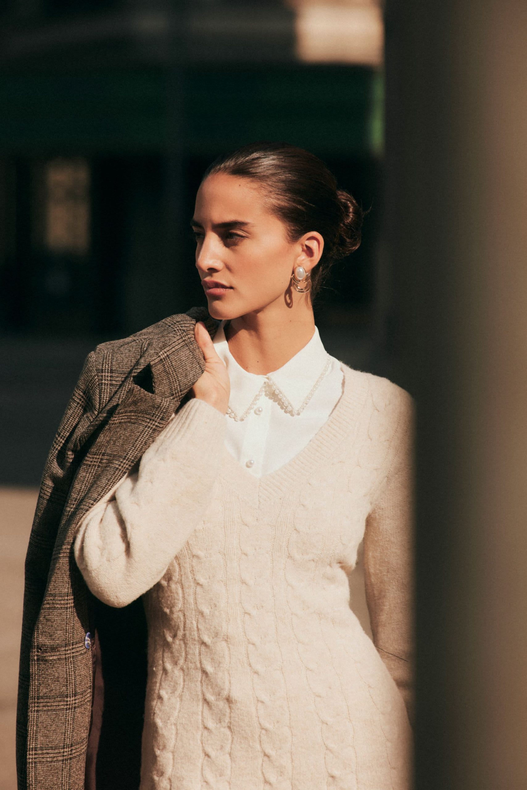Pearl-Embellished Sweater with Plaid Accent — Old Money Winter Outfits