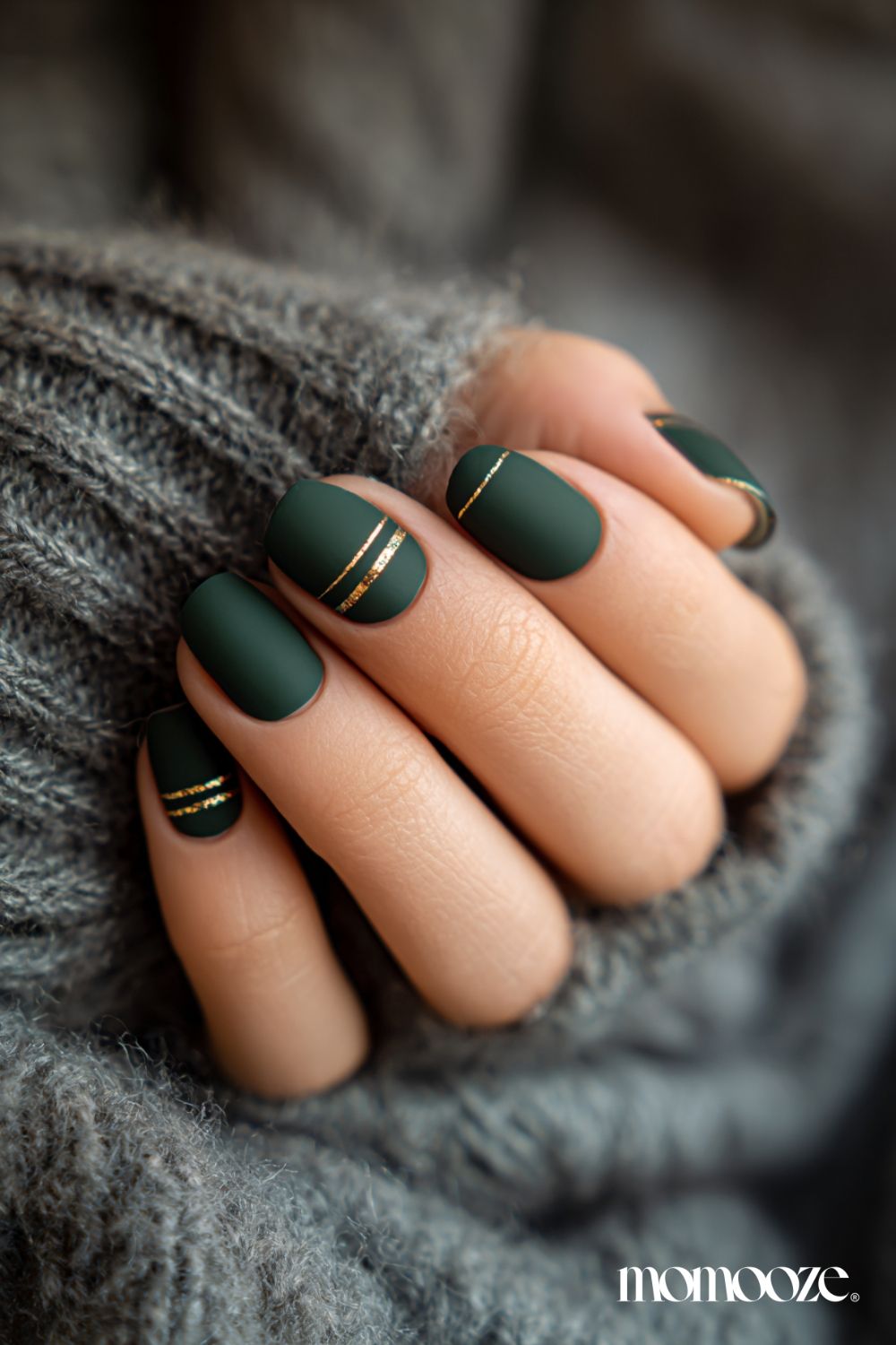 Short Oval Forest Green with Gold Stripes & Snowflakes Short Oval Forest Green with Gold Stripes & Snowflakes — Winter Matte Nails