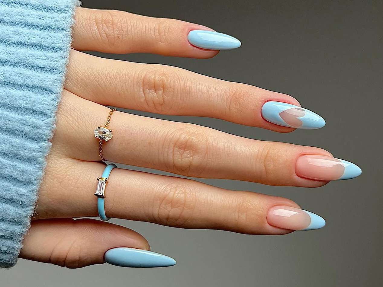 Light Blue Heart French Tip Almond Light Blue Heart French Tip Almond — Winter to Spring Transition Nails