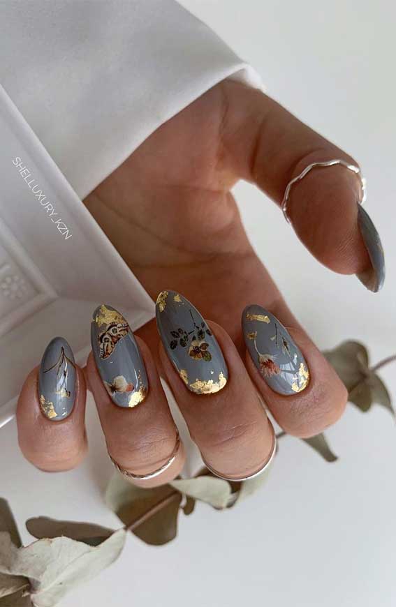 Grey Nails with Gold Foil Floral Motifs — Winter Nail Colors for Women Over 40