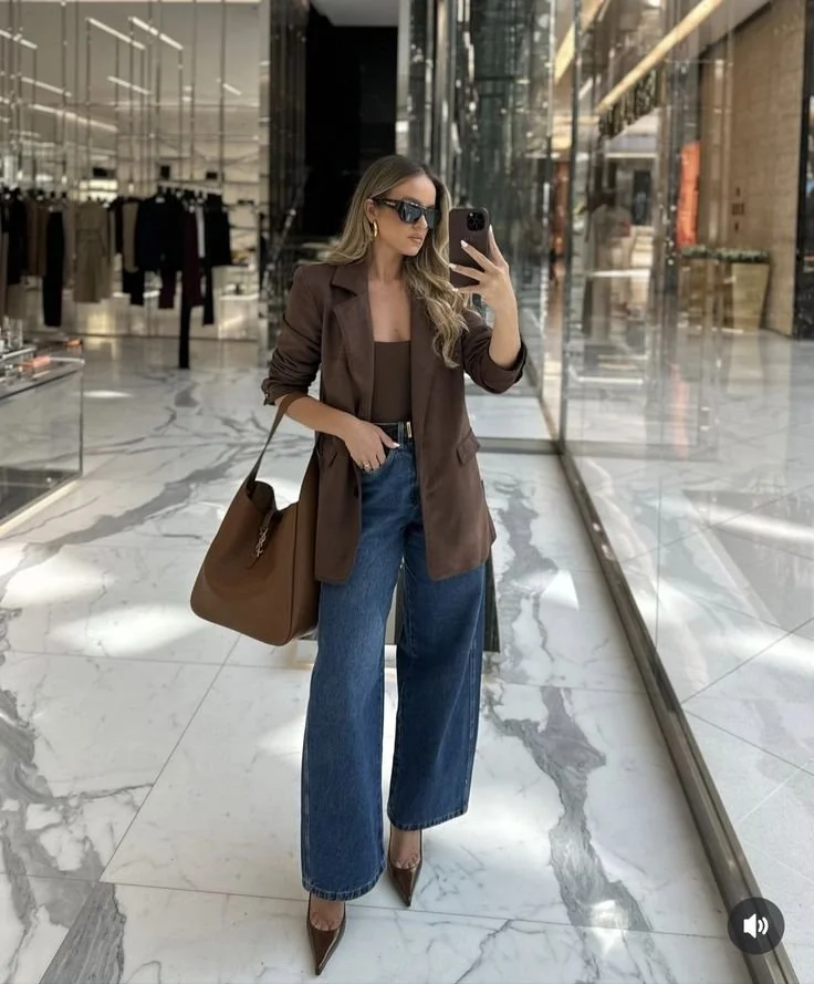 Brown Satin Blazer with Wide-Leg Jeans and Heels — Brown Coat Outfits