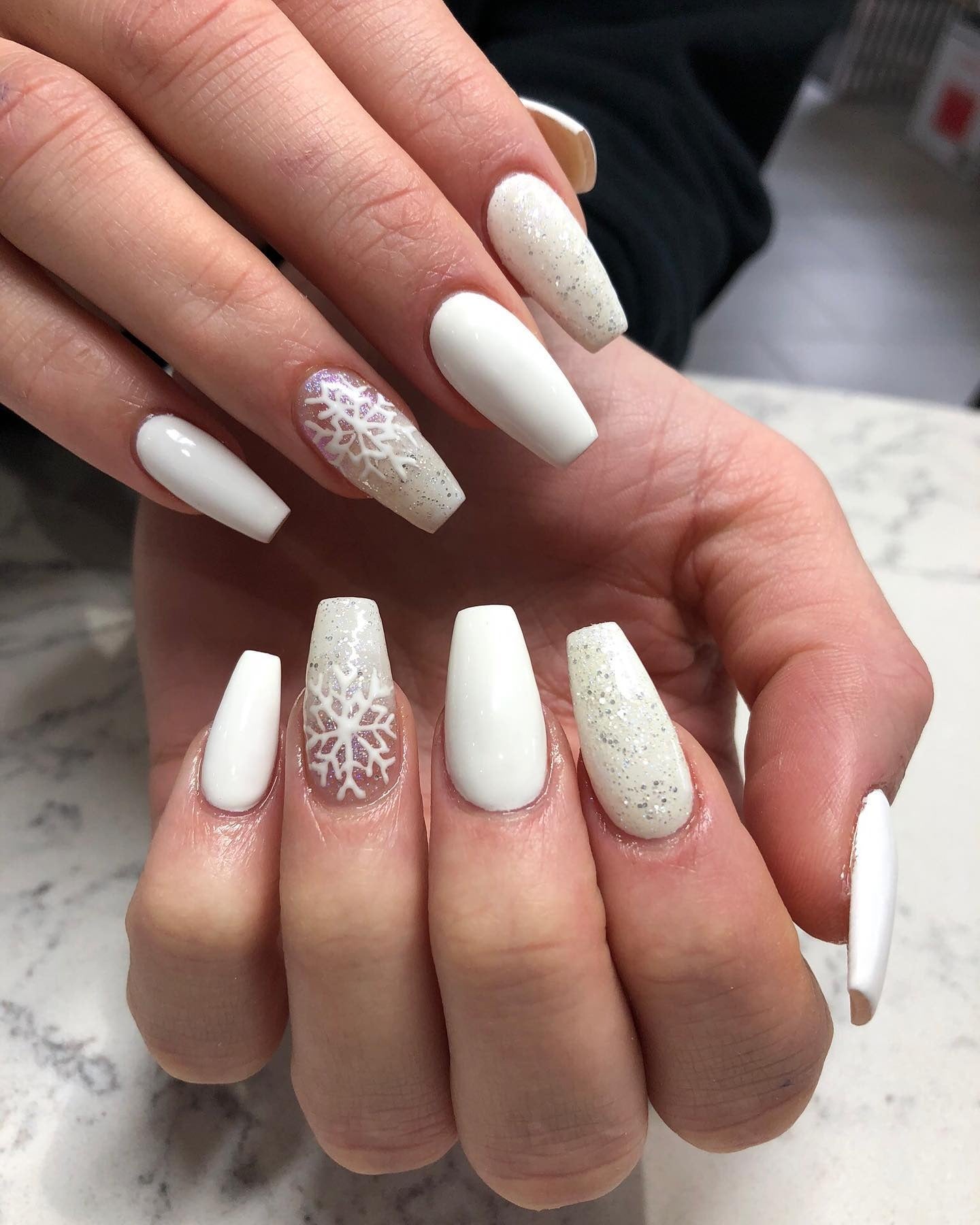 Opaque White Rhinestone Glitter Coffin Nails Opaque White Rhinestone Glitter Coffin Nails — Winter Coffin Nails