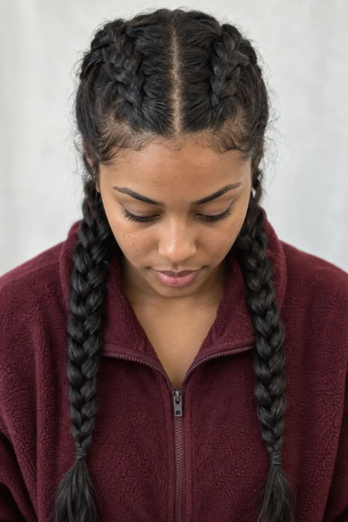 No Bangs Thick Black Shoulder Length Dutch Braids — Winter Knotless Braids