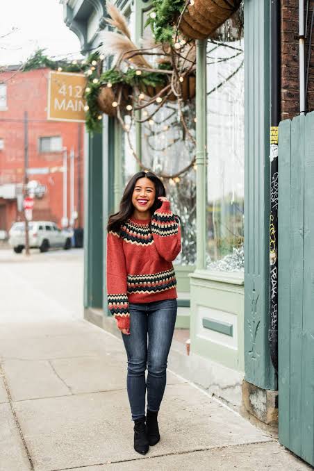 Patterned Knit Sweater with Blue Skinny Jeans Patterned Knit Sweater with Blue Skinny Jeans — January Outfits