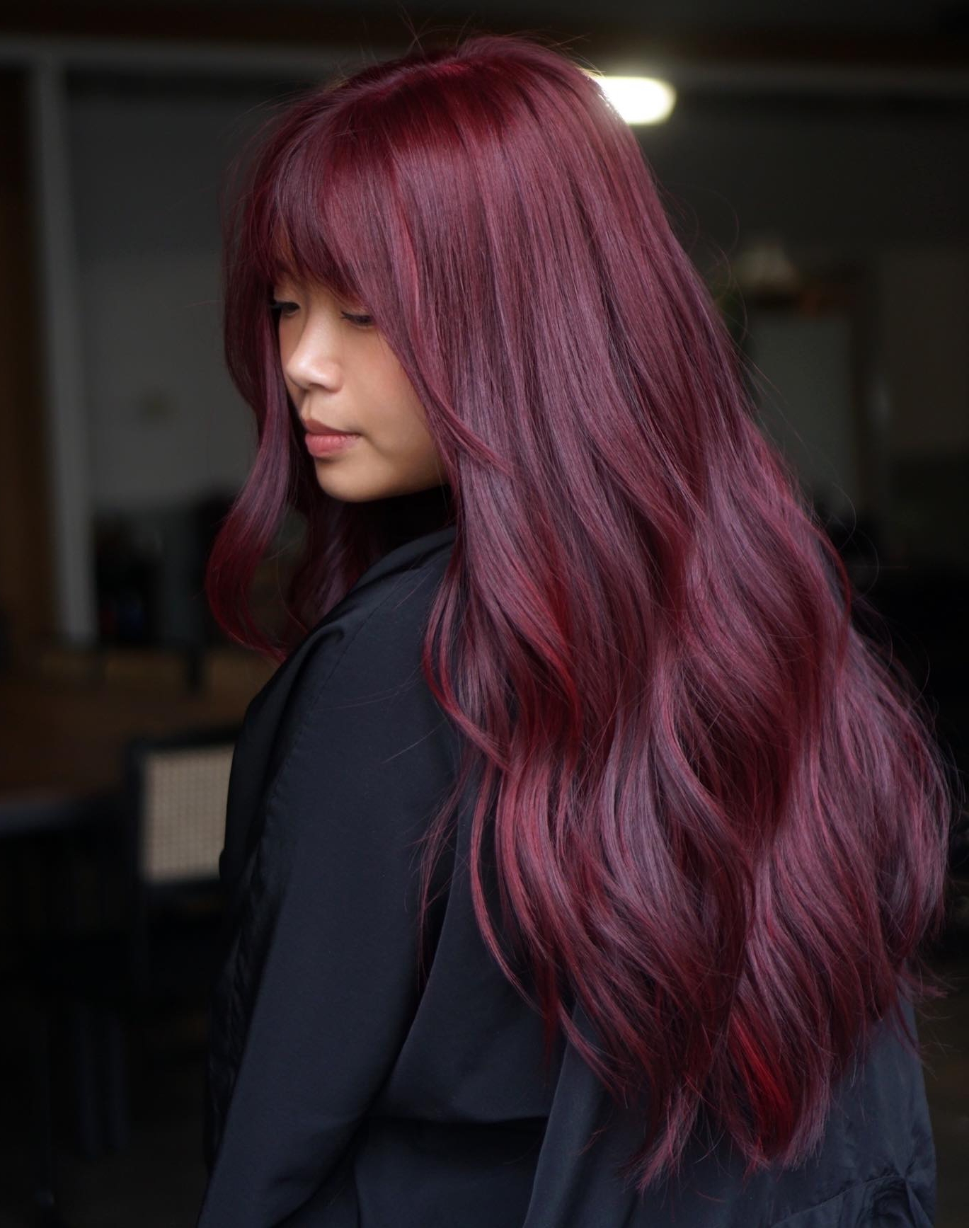 Deep Mahogany With Full Bangs Deep Mahogany With Full Bangs — Mahogany Hair Color