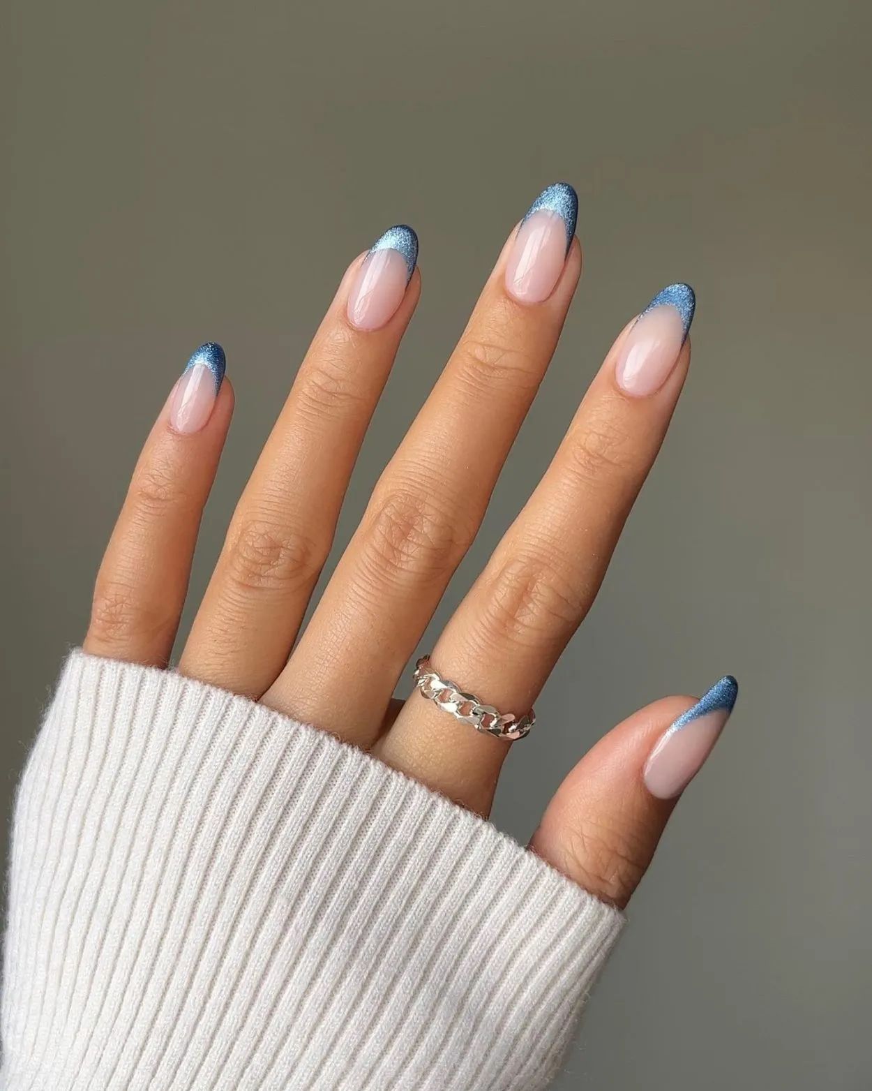Sheer Nude Base With Blue Glitter Tips Visual Idea Sheer Nude Base With Blue Glitter Tips Visual Idea — Winter French Tip Nails
