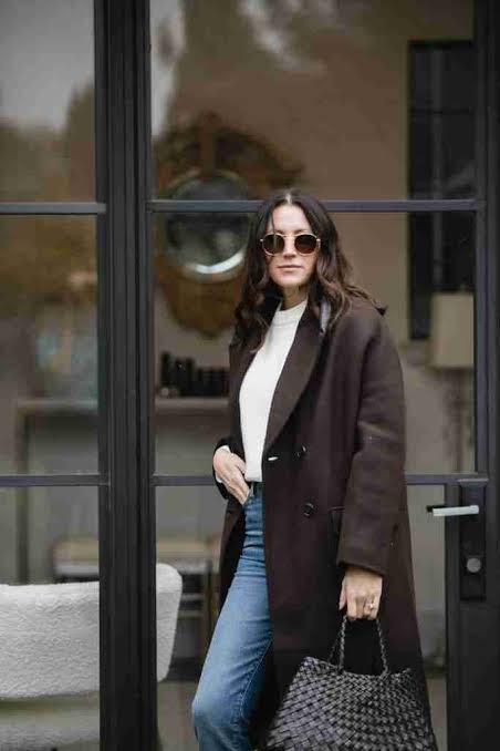 Dark Brown Double-Breasted Coat with White Sweater and Jeans — Brown Coat Outfits